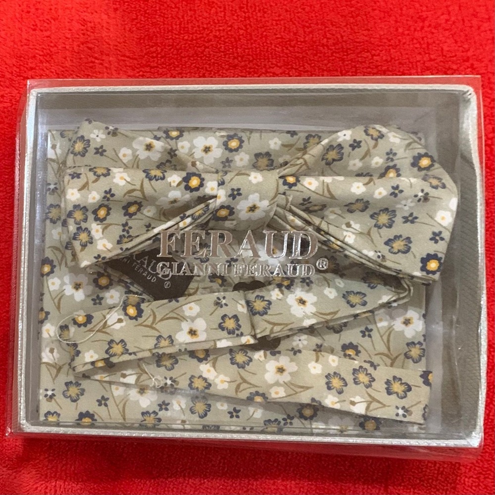 Gianni Feraud Mens Bow Tie and Pocket Square NWT Light Green Floral MSRP $116